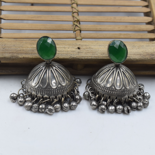 Green Glass Fashion Stone Stud Earring Silver look Alike