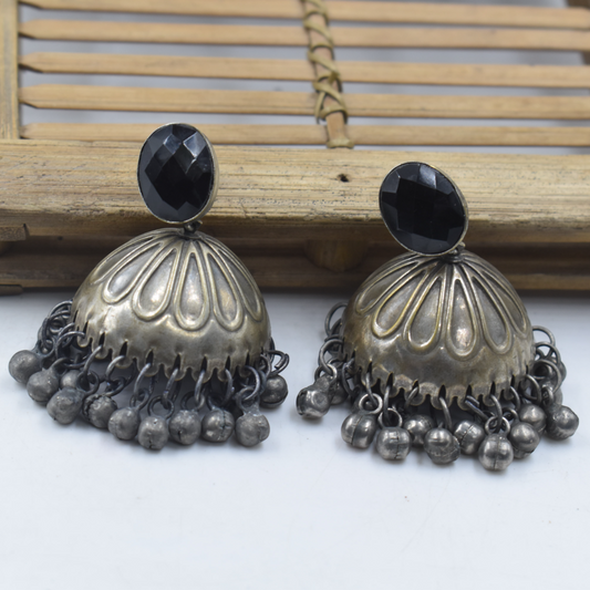 Antique Silver look Alike Beads jhumki Stone Stud Earring