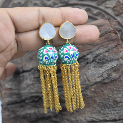 Green Color Enamel Painting Kundan Jhumki Brass Stone Stud Earring