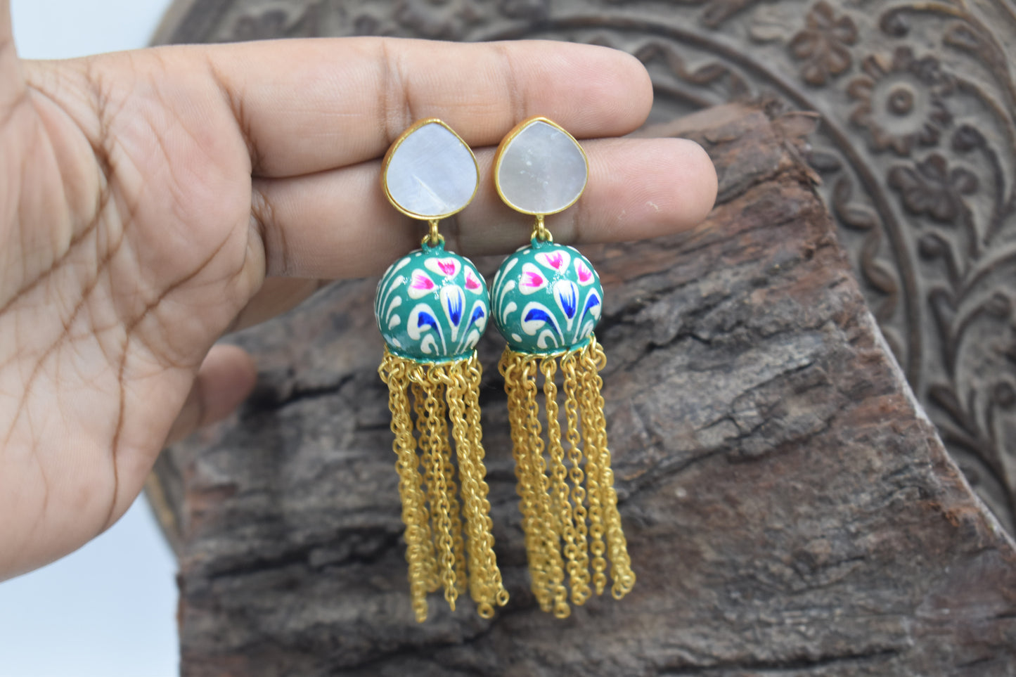 Green Color Enamel Painting Kundan Jhumki Brass Stone Stud Earring