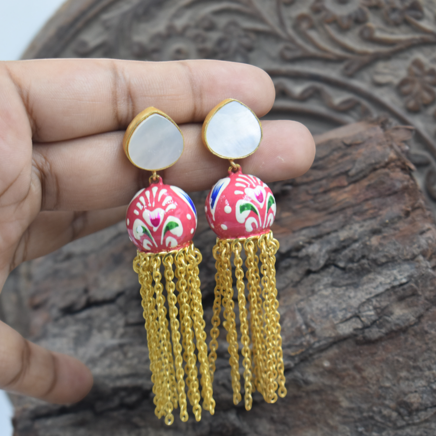 Mother of Pearl Stone Handpainting jhumki Stud Earring