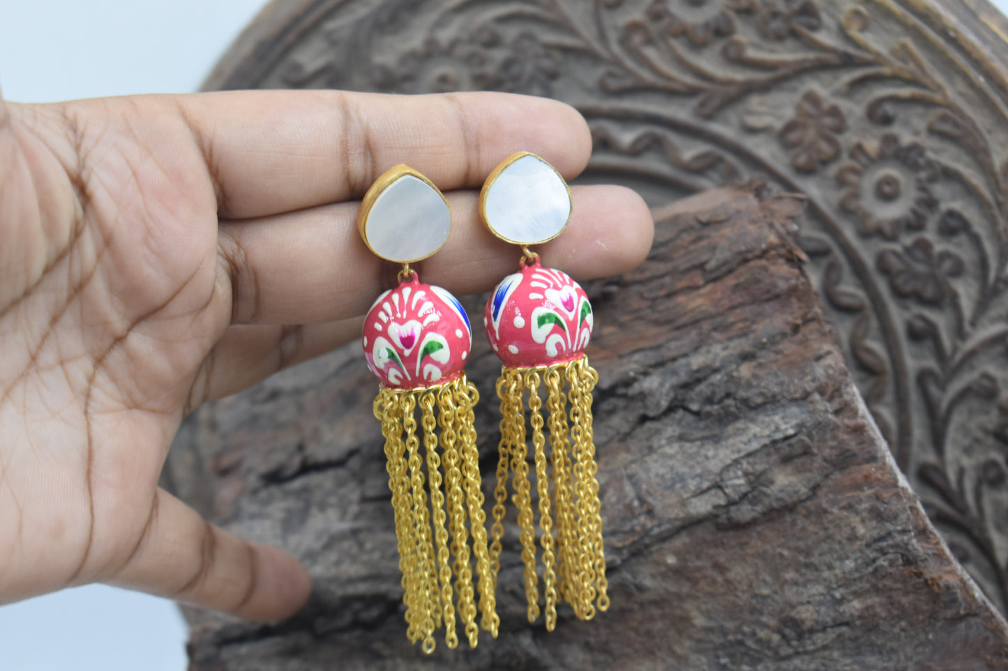 Mother of Pearl Stone Handpainting jhumki Stud Earring