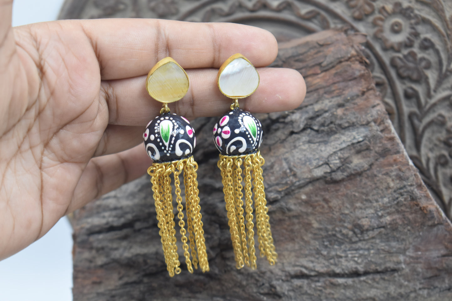 Handpainted Goldplatd Brass Stone Stud Earing