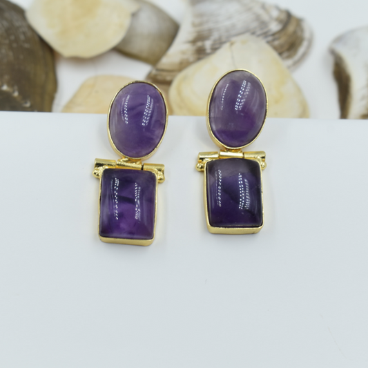 GOLDPLATED BRASS SEMI PRECIOUS STONE AMETHYST STUD EARING