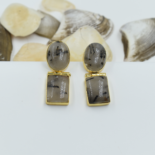 FASHION STUD EARING SEMI PRECIOUS STONE RUTILE QUARTZ GOLDPLATED BRASS EARRINGS