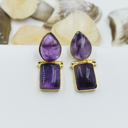 GOLDPLATED BRASS SEMI PRECIOUS STONE AMETHYST STUD EARING