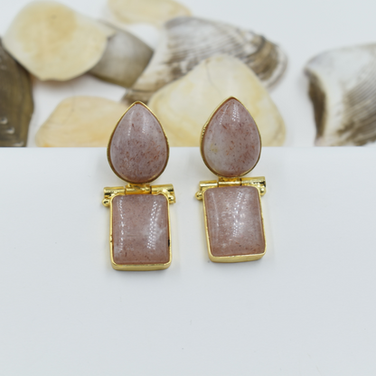 UNIQUE GOLD PLATED PEACH MOONSTONE SEMI PRECIOUS STONE STUD EARING