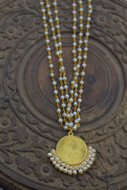 Goldplated brass stone beads coin necklace