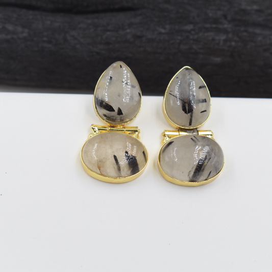 Fancy Gold plated Brass Stud Earring with Semi Precious Stone Rutile Quartz