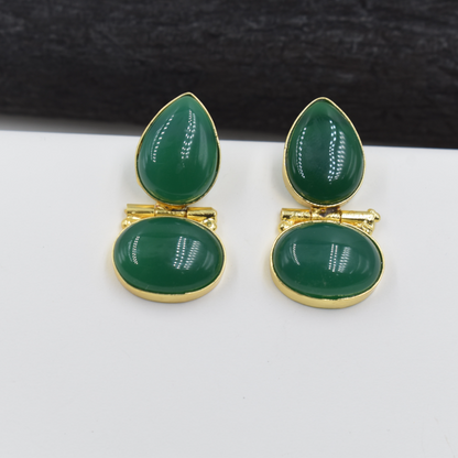 BRASS GOLD GREEN SEMI PRECIOUS STONE STUD EARING FOR WOMEN