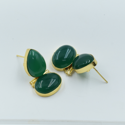 BRASS GOLD GREEN SEMI PRECIOUS STONE STUD EARING FOR WOMEN