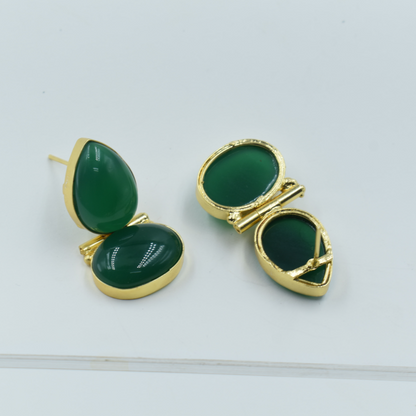 BRASS GOLD GREEN SEMI PRECIOUS STONE STUD EARING FOR WOMEN