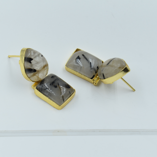 Fancy Brass Gold plated Earrings Semi Precious Stone Rutile Quartz Stud Earing