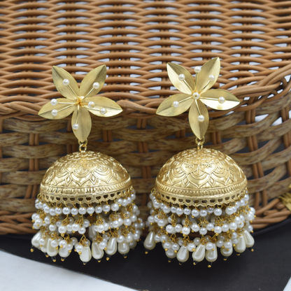 Flower design Jhumki look with White Pearl and Goldplated Stud Earring