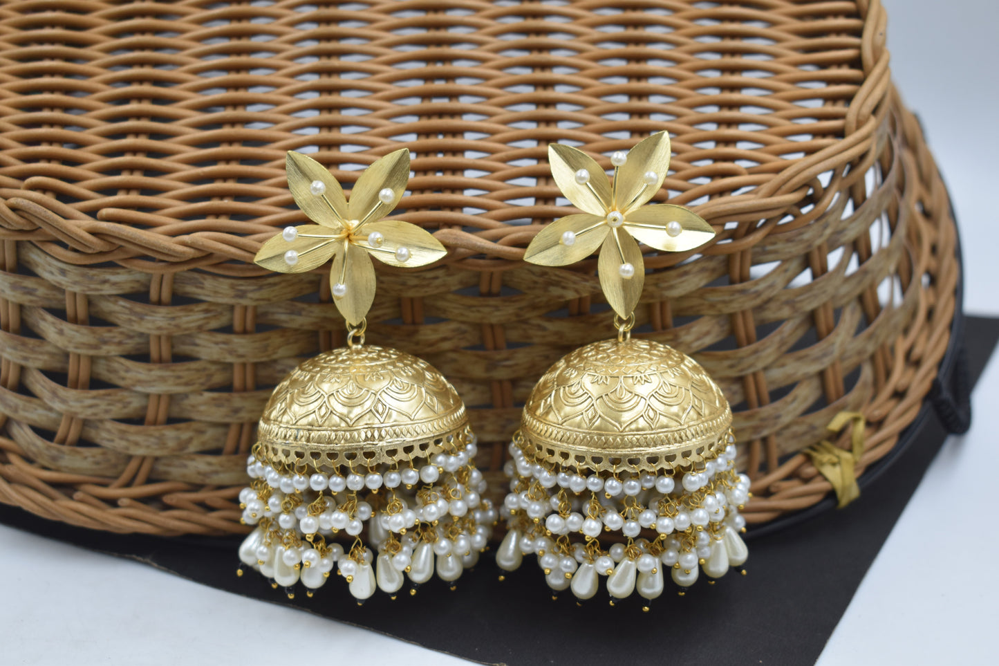 Flower design Jhumki look with White Pearl and Goldplated Stud Earring