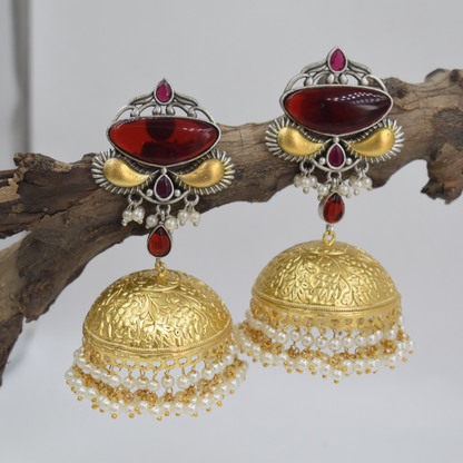 Red Glass Stone Dual tone Goldplated Brass Jhumki Earing