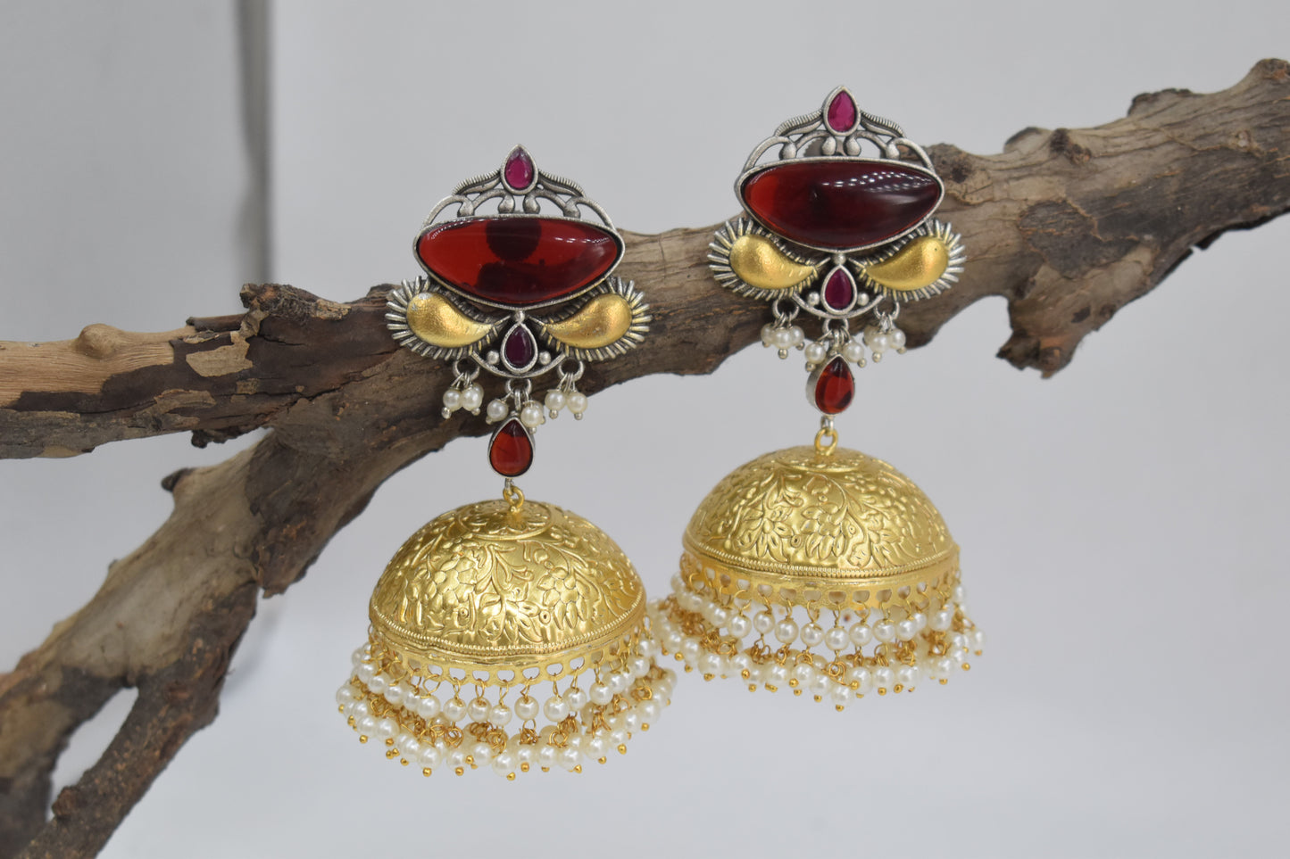 Red Glass Stone Dual tone Goldplated Brass Jhumki Earing