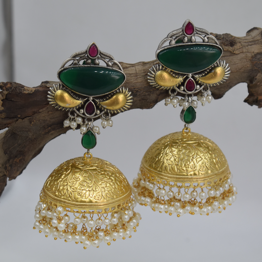 Green Natural Stone White Pearl Brass Stud Jhumki Earing