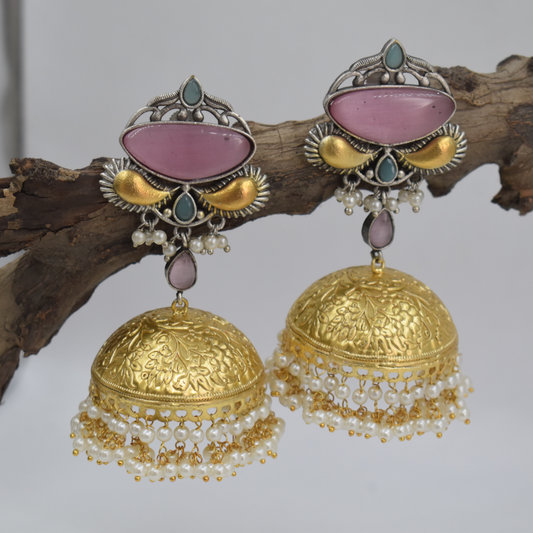 Dual tone Pink Glass Stone Golden Polish Stud Earring