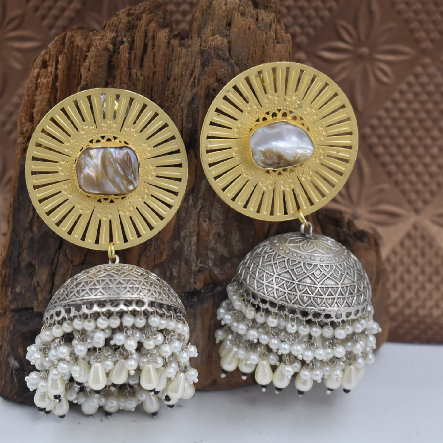 Dual tone Stud Earrings | Mop Stone Pearl Beads Silver Plated Kundan Jhumki Earing