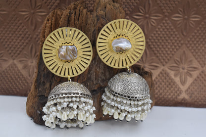 Dual tone Stud Earrings | Mop Stone Pearl Beads Silver Plated Kundan Jhumki Earing