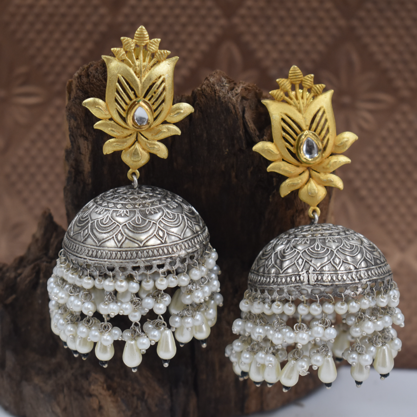 Silver & Gold Plated Leaf Shaped Kundan Jhunka Earring for Women