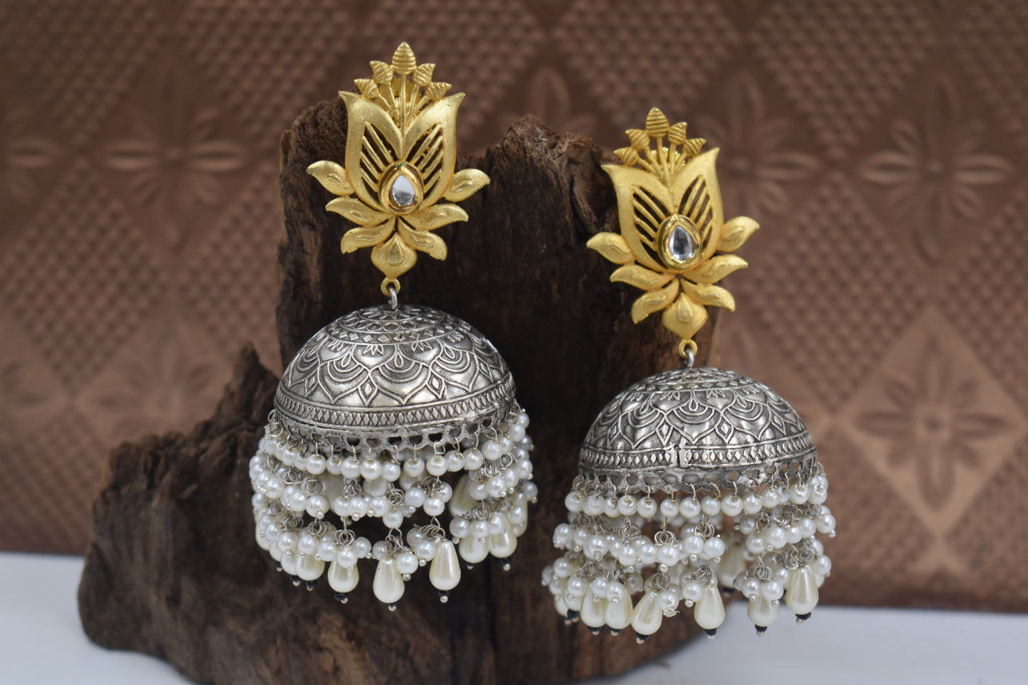 Silver & Gold Plated Leaf Shaped Kundan Jhunka Earring for Women