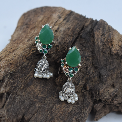 Beautiful Green Natural Stone Silver look alike Stud Earring