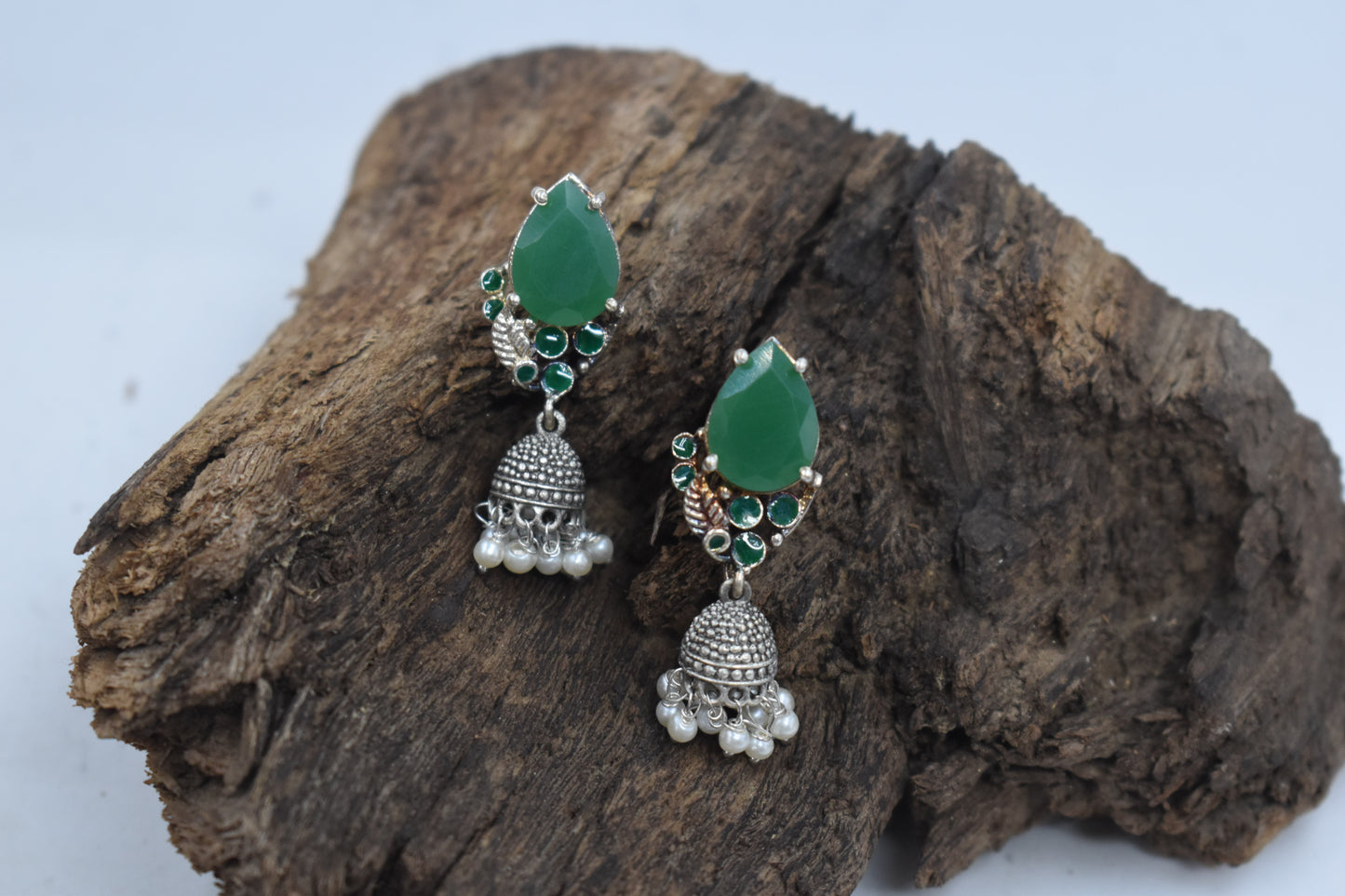 Beautiful Green Natural Stone Silver look alike Stud Earring