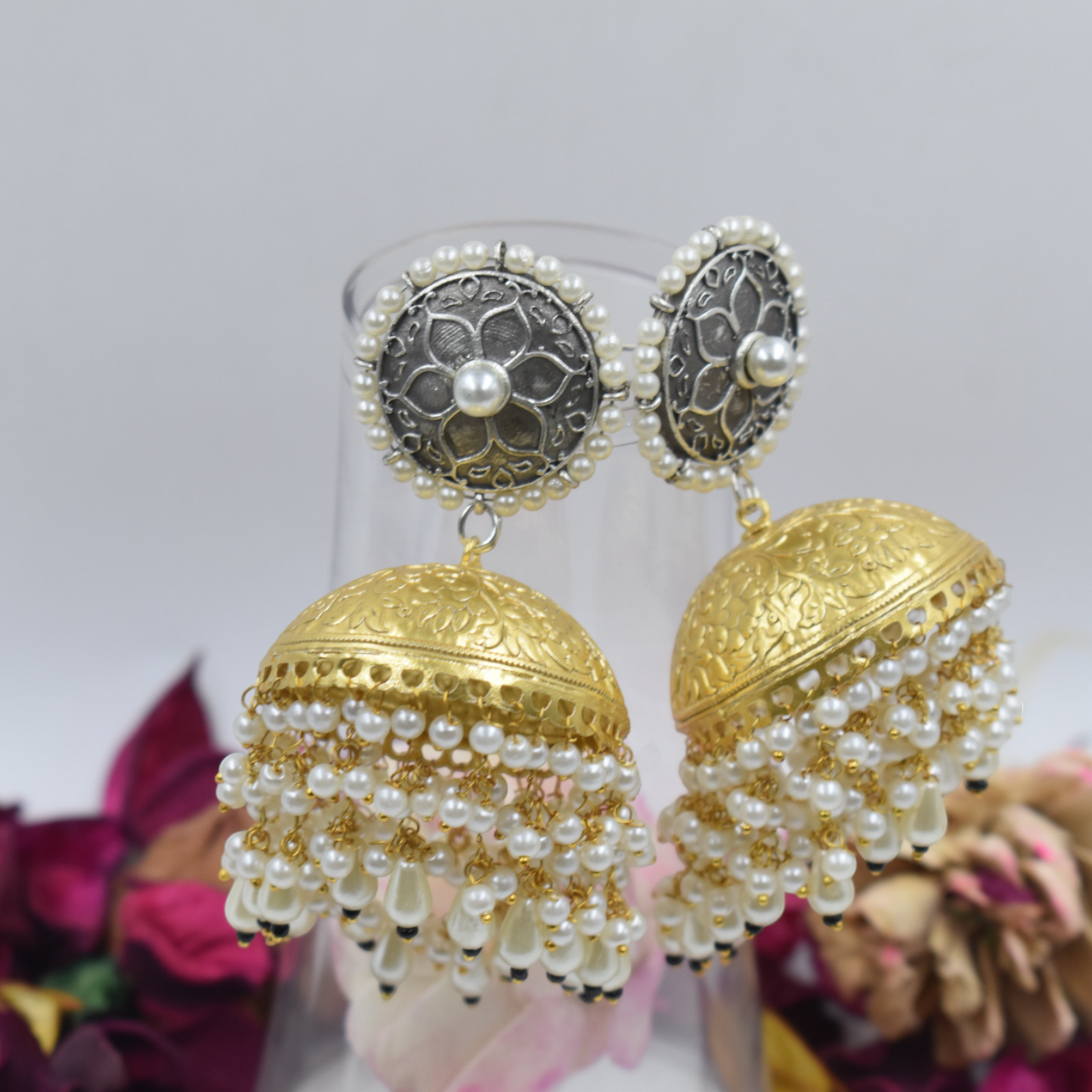 Round Two Tone Gold Plated and Silver Plated Jhumka Stud Earing