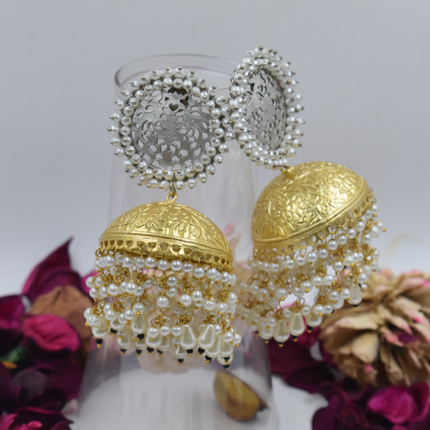 Round Moon Design Pearls Beaded Jhumki Stud Earring