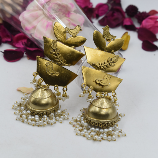 Floral Gold Plated Long Stud Jhumki