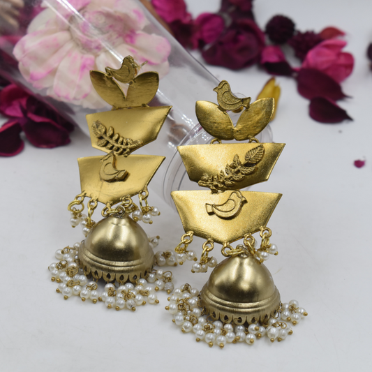 Tree Leaf and Sparrow Shaped Stud Jhumka Earing