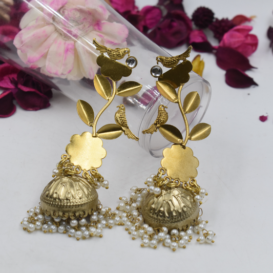 Leaf and Sparrow Bird design Long Jhumki Earring in Gold Plated