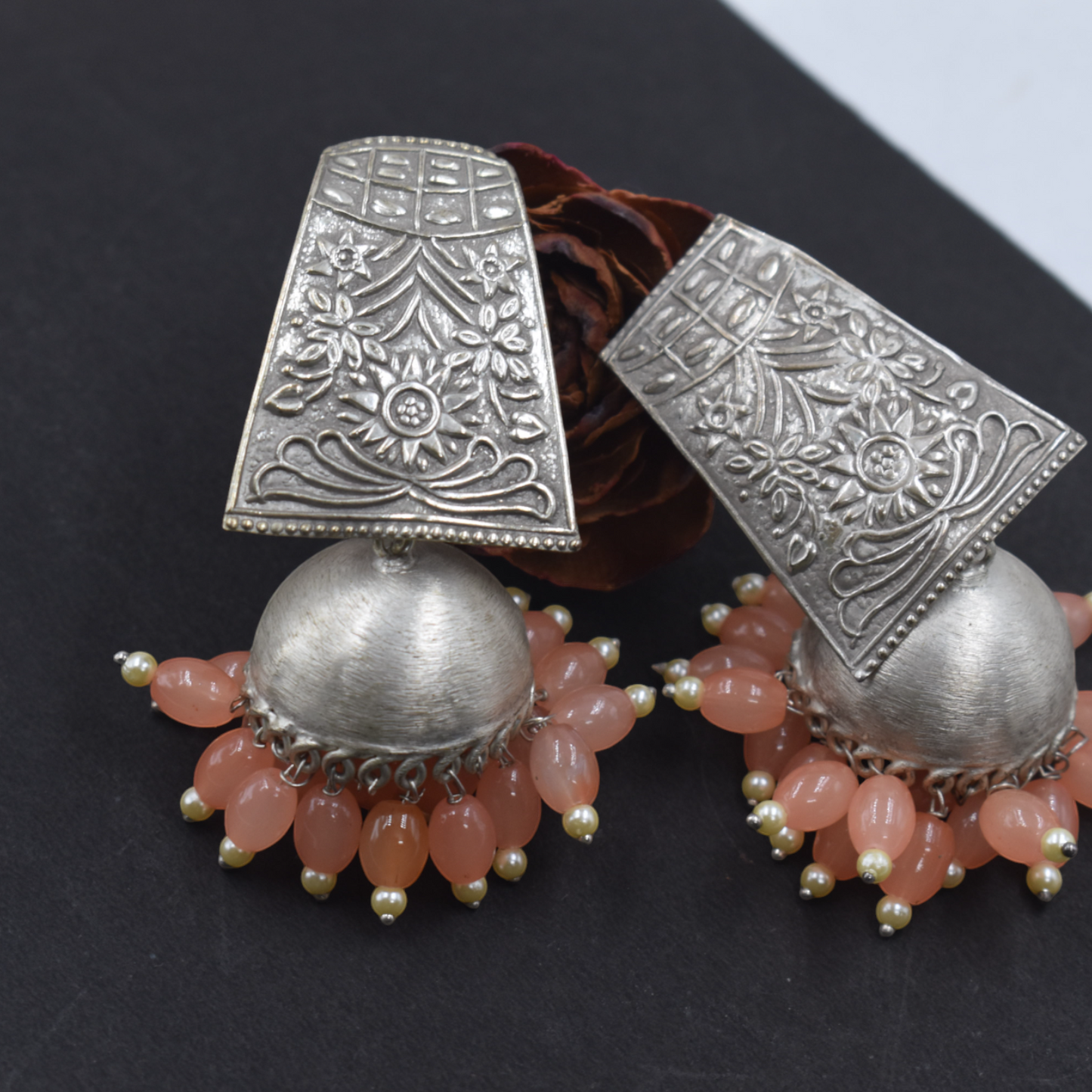 Brass Stud Jhumki Earing | Silver look Alike Big Pearl Small Beads