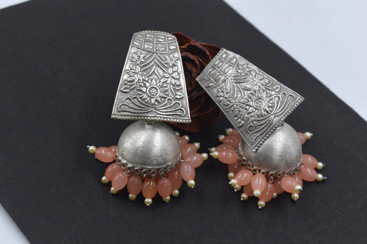 Brass Stud Jhumki Earing | Silver look Alike Big Pearl Small Beads