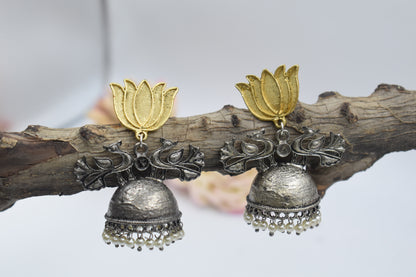 Antique Brass Lotus Design Jhumka Stud Earring