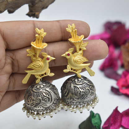 Antique Silver Look alike Sparrow Design Gold Plated Stud Jhumki Earring