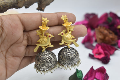 Antique Silver Look alike Sparrow Design Gold Plated Stud Jhumki Earring