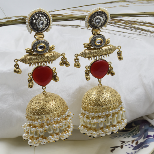 Trendy Kundan Jhumka Stud Earring in Dual Tone with Glass Stone