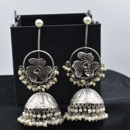 Silver look alike brass flower stud jhumka earing