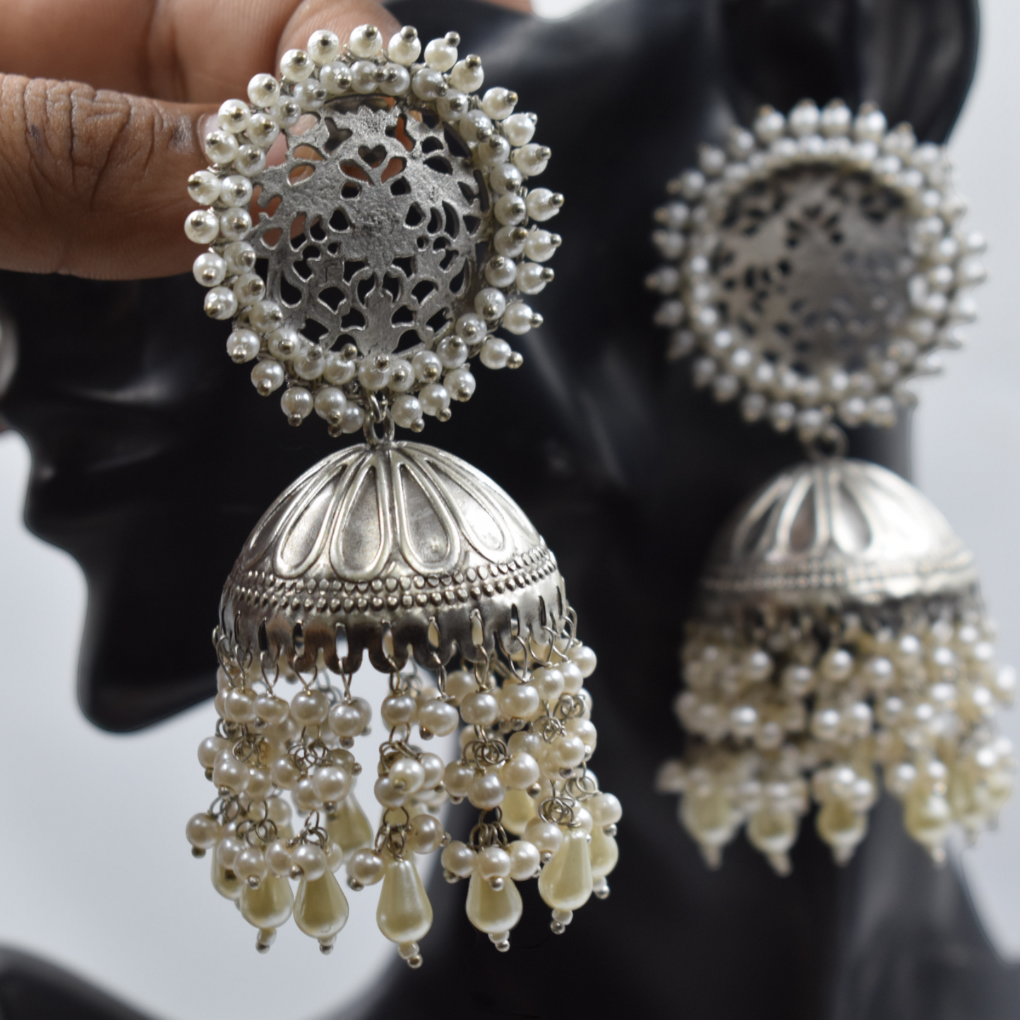 Silver look alike stud jhumka brass earing