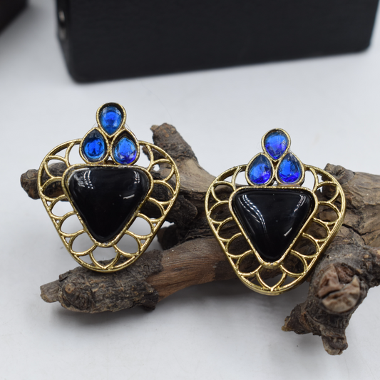 Triangle Black & Blue Stone Brass Stud Earrings