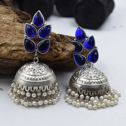 Silver look alike stone stud jhumka earing