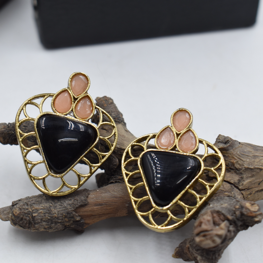 Handmade Brass Cut Shape Stone Stud Earrings