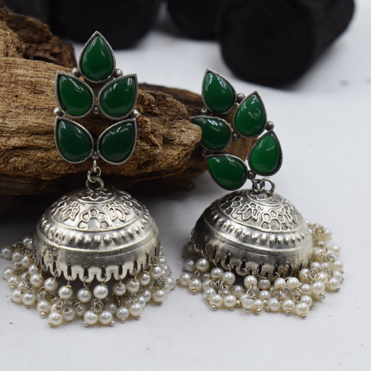 Silver look alike brass stone stud jhumka earing