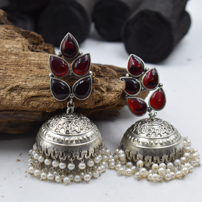 Silver look alike brass stone jhumka earing