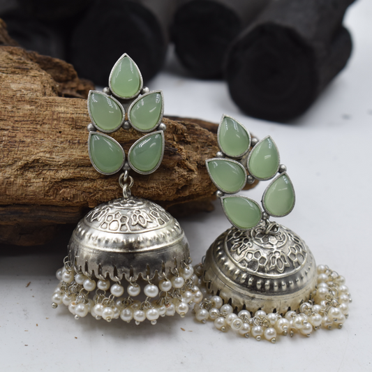 Silver look alike brass stone stud jhumka earing