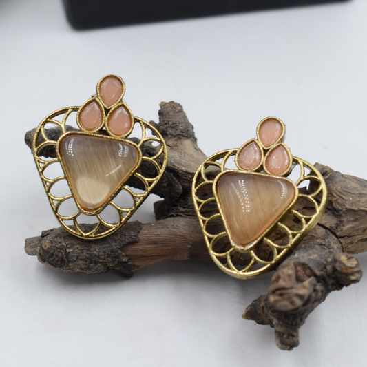 New Arrival Brass Stone Stud Earrings in Triangle Cut Shaped