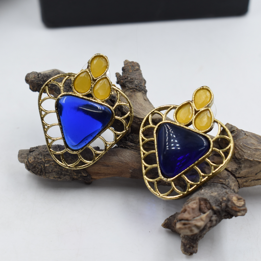 Natural Stone Stud Earrings in Golden Polish